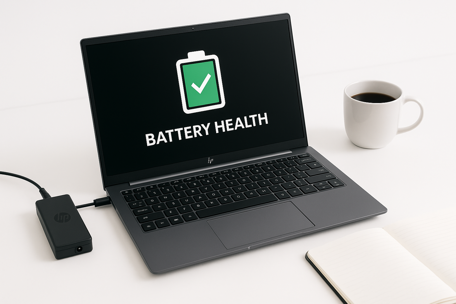 HP laptop on desk showing battery health screen — checking battery performance for maintenance and upgrade.
