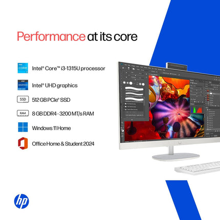HP 27'' All-in-One PC | Intel Core i3-1315U, 8GB RAM, 512GB SSD, Windows 11 Home, FHD, 1080p Camera, MS Office 2024 | 6.42kg | cr0906in | cr0906in