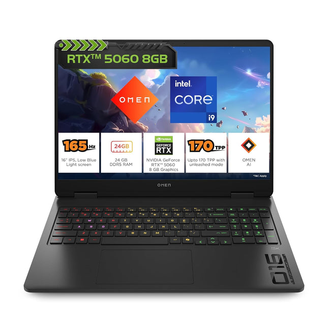 HP Omen Gaming Laptop 16-am0279TX with 14th Gen Intel Core i9, RTX 5060, 24GB DDR5, 1TB SSD, 16" 165Hz 2K Display, RGB Keyboard, Windows 11