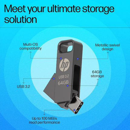 HP 886C 64GB OTG USB Flash Drive 3.2 – Rock Metallic Swivel Design (AN1J4AA)