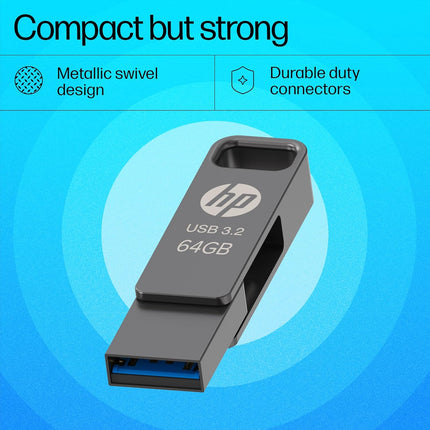 HP 886C 64GB OTG USB Flash Drive 3.2 – Rock Metallic Swivel Design (AN1J4AA)