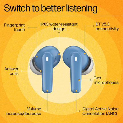 HP H150 True Wireless Earbuds – Bluetooth 5.3, ANC, 7H Playtime, IPX3, Blue (99Y15AA)