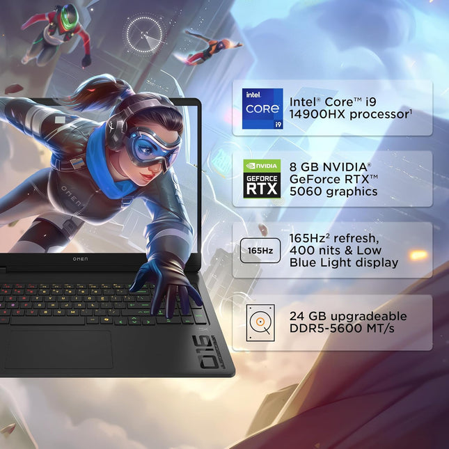 HP Omen Gaming Laptop 16-am0279TX with 14th Gen Intel Core i9, RTX 5060, 24GB DDR5, 1TB SSD, 16" 165Hz 2K Display, RGB Keyboard, Windows 11