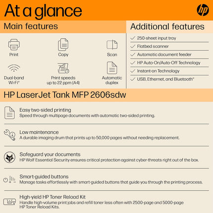 HP LaserJet Tank MFP 2606sdw – Wireless All-in-One Printer, Auto-Duplex, 40-Sheet ADF, 22 ppm, USB/Ethernet/Wi-Fi (381U2A)