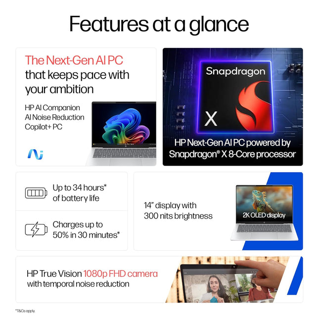 HP OmniBook 5 OLED he0014QU AI Laptop | Snapdragon X | 16GB RAM | 512GB SSD | 14-inch 2K OLED | Ultra Light