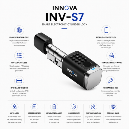 Innova INV-S7 Smart Electronic Cylinder Lock with Fingerprint, App Control & PIN Access