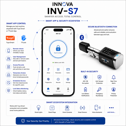 Innova INV-S7 Smart Electronic Cylinder Lock with Fingerprint, App Control & PIN Access