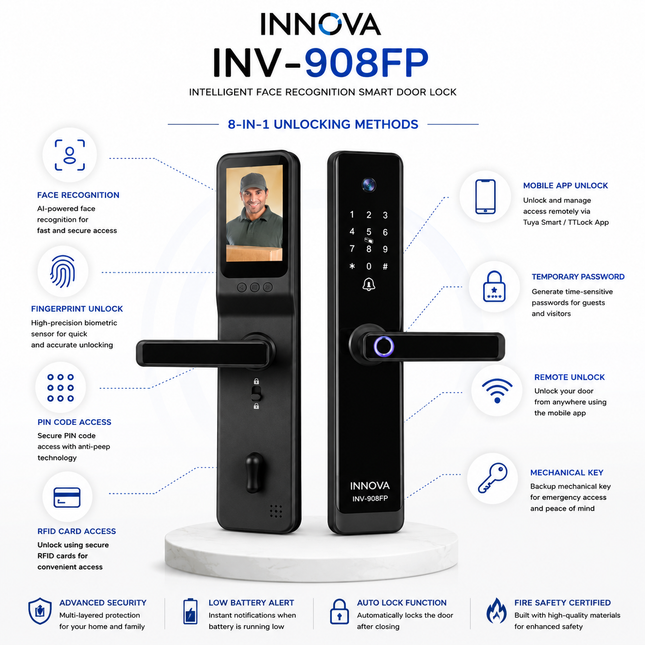 Innova INV-908FP Intelligent Smart Door Lock | Face Recognition, Fingerprint, App Control, PIN, RFID Card & Mechanical Key Access