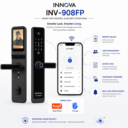 Innova INV-908FP Intelligent Smart Door Lock | Face Recognition, Fingerprint, App Control, PIN, RFID Card & Mechanical Key Access