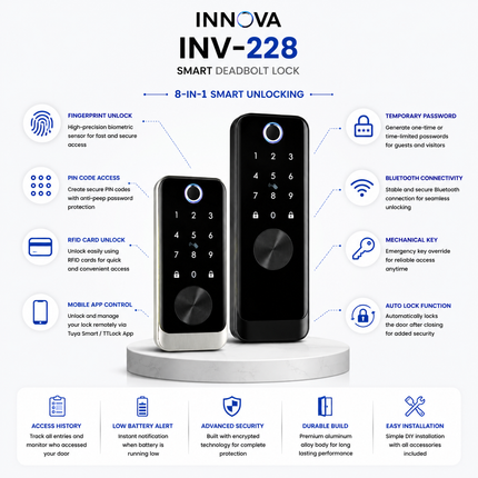 Innova INV-228 Smart Deadbolt Lock with Fingerprint, PIN, RFID & App Control