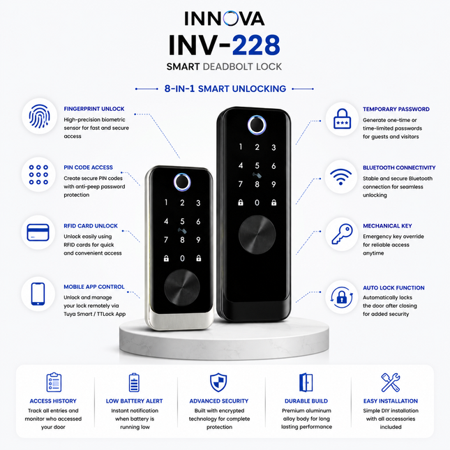 Innova INV-228 Smart Deadbolt Lock with Fingerprint, PIN, RFID & App Control