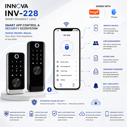 Innova INV-228 Smart Deadbolt Lock with Fingerprint, PIN, RFID & App Control